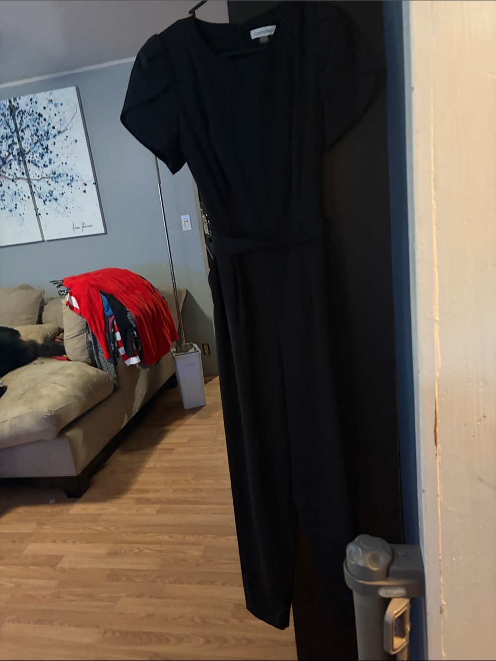 Calvin Klein Black Short-Sleeve Jumpsuit with Waist Tie